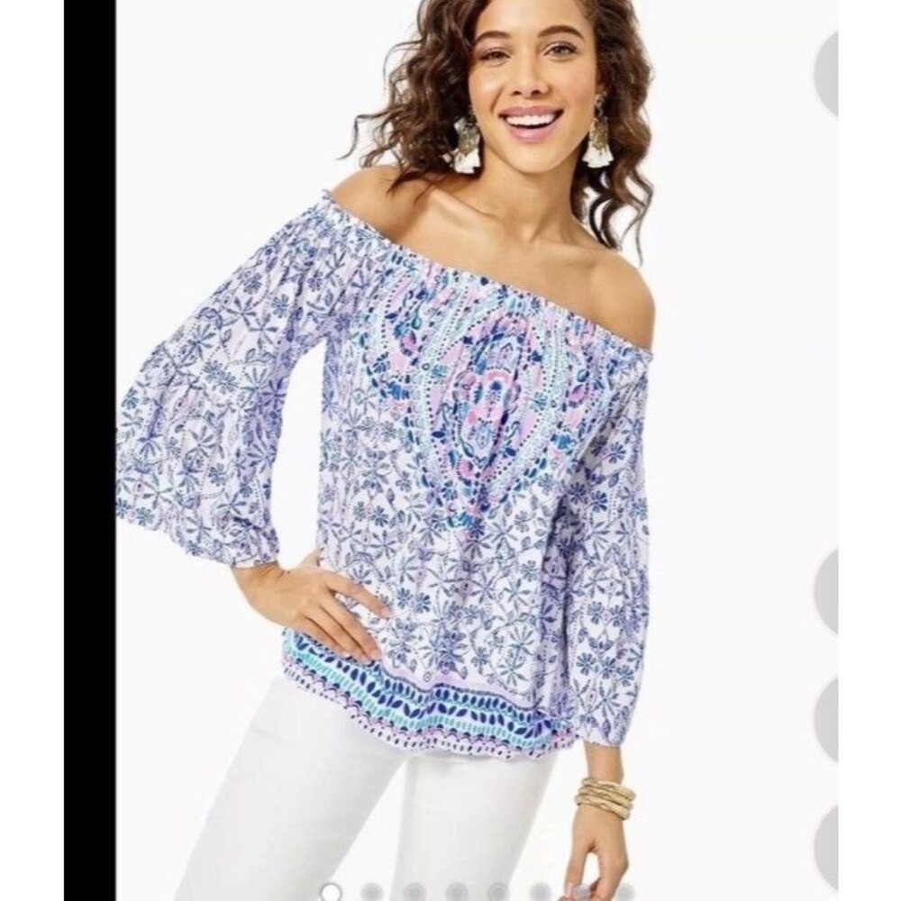 LILLY PULITZER NEVIE OFF THE SHOULDER BLOUSE XS RESORT WHITE TIME TO SHINE